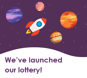 A banner image with planets and a rocket. The image has some text that reads: "We've launched our lottery!"
