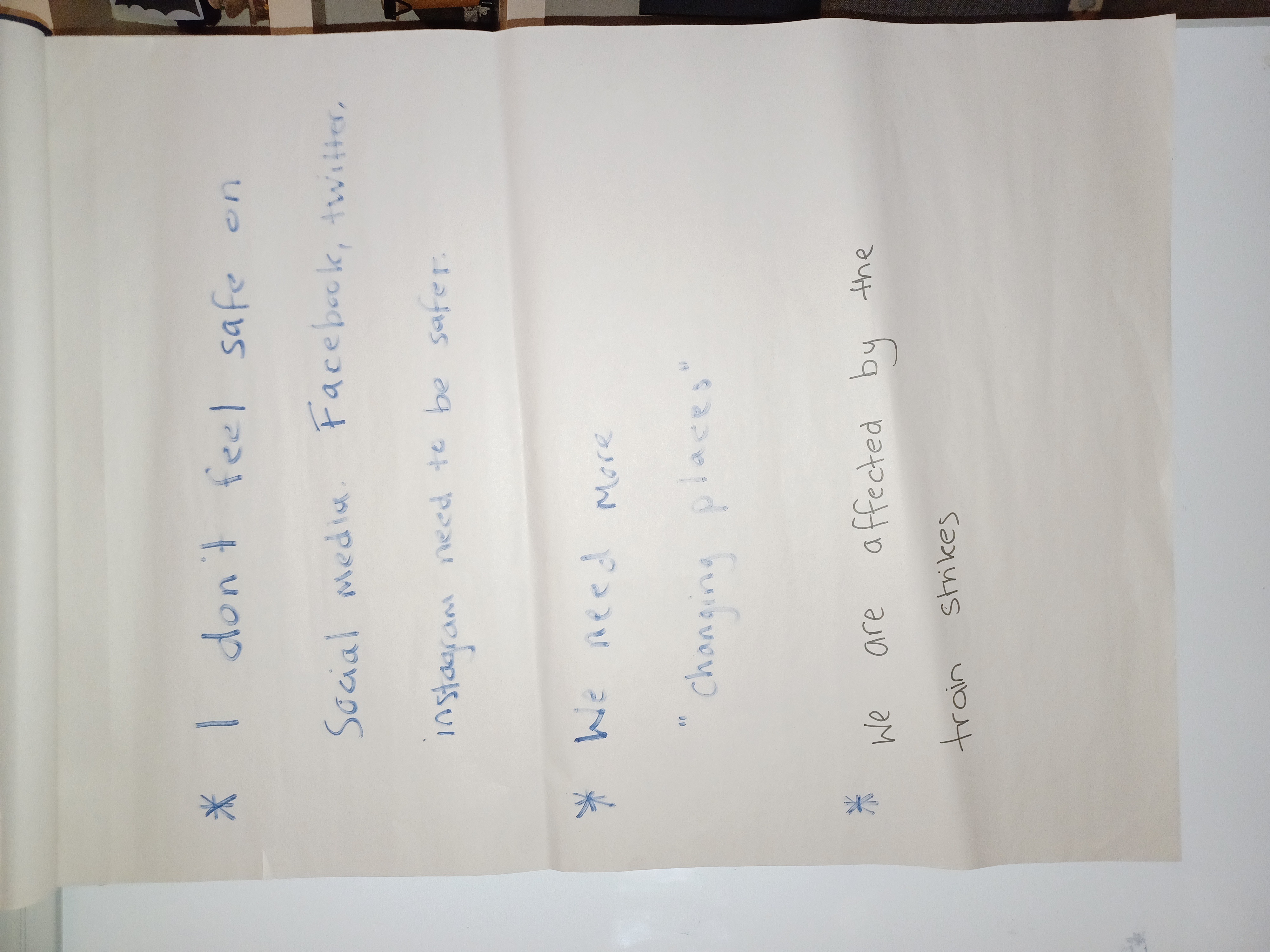 whiteboard saying 'I don't feel safe on social media, Facebook, Twitter Instagram needs to be safer, we need more changing places, we are affected by the train strikes.